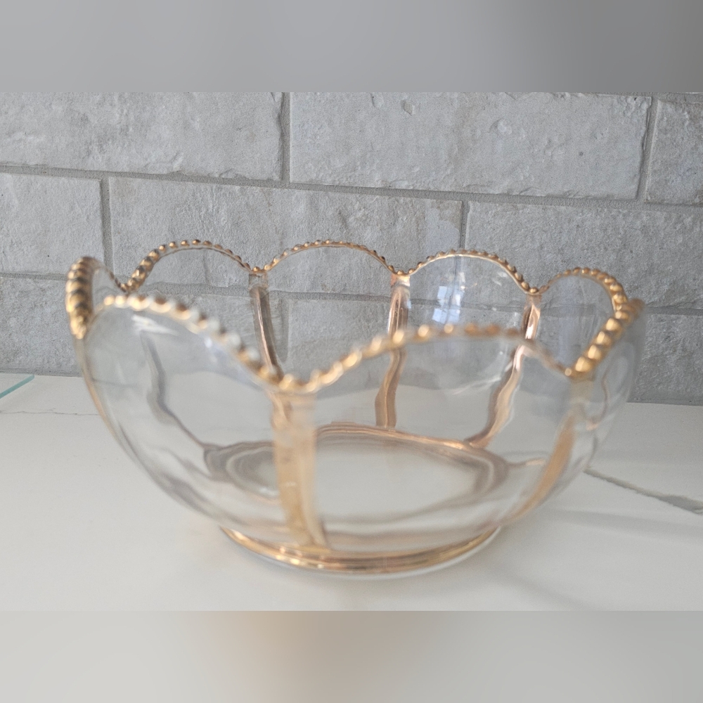 Antique Gold Tone Rimmed Riverside Glass Master Berry Bowl - Picture 3 of 5